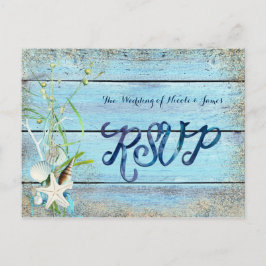 Blauw Hout Strand Tropisch Huwelijk RSVP Kaart