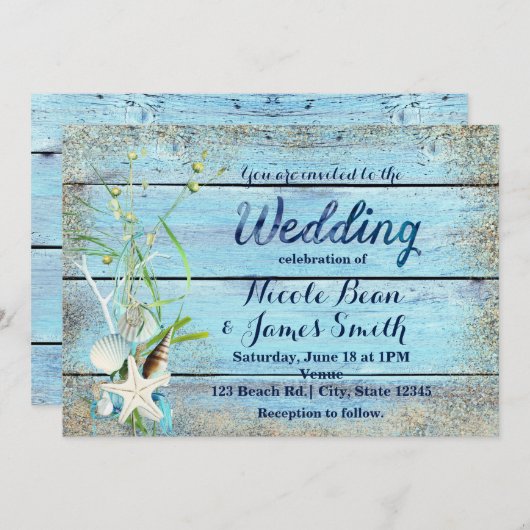 Blauw Hout Strand Tropische BRUILOFT Uitnodiging (Voorkant / Achterkant)