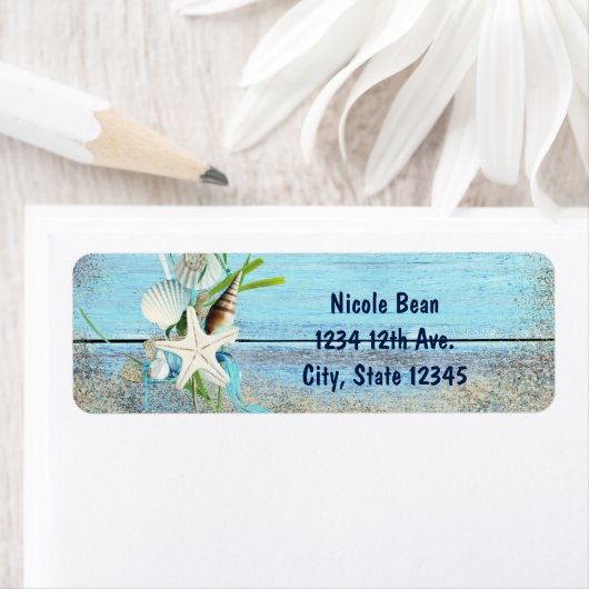 Blauw Hout Strand Tropische Bruiloft Uitnodiging L Etiket (Insitu)