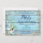 Blauw Hout Strand Tropische Verjaardagsfeestuitnod Kaart (Voorkant)