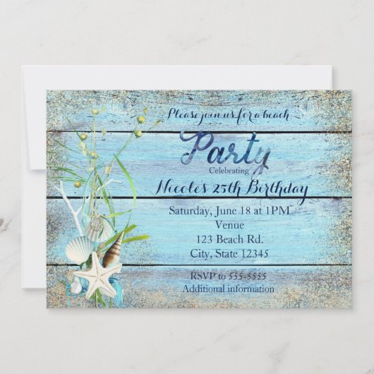 Blauw Hout Strand Tropische Verjaardagsfeestuitnod Kaart (Voorkant)