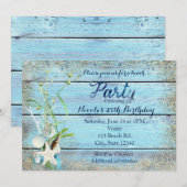 Blauw Hout Strand Tropische Verjaardagsfeestuitnod Kaart (Voorkant / Achterkant)