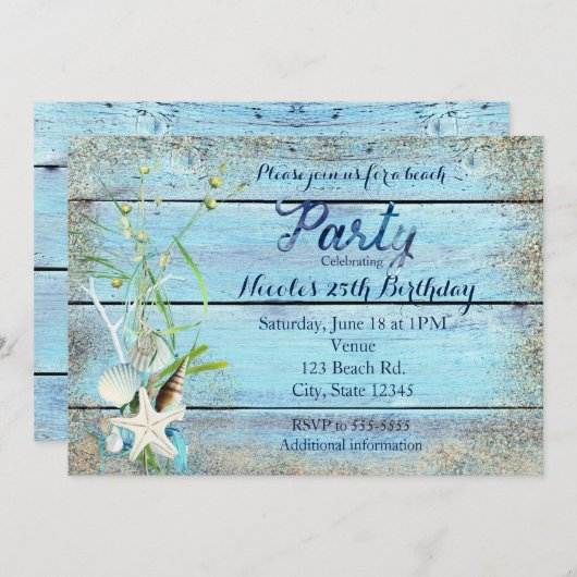 Blauw Hout Strand Tropische Verjaardagsfeestuitnod Kaart (Voorkant / Achterkant)