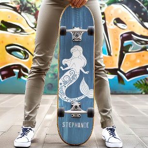 Blauw Hout Strand Zeemeermin Aangepaste Naam Persoonlijk Skateboard