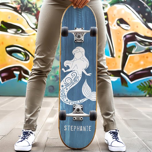 Blauw Hout Strand Zeemeermin Aangepaste Naam Persoonlijk Skateboard