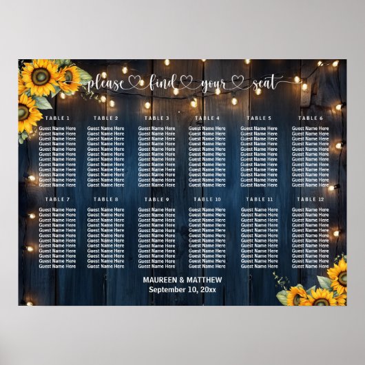 Blauw Hout String Lichten 12 Tafels Trouwstoelen Poster (Voorkant)