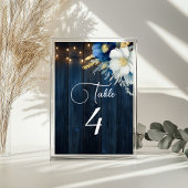 Blauw Hout String Lichten Bloemen Tafel Nummer Kaart
