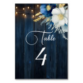 Blauw Hout String Lichten Bloemen Tafel Nummer Kaart (Voorkant)