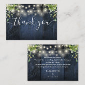 Blauw Hout String Lichten Groen Huwelijk Dank u Plaatskaartje (Voorkant / Achterkant)