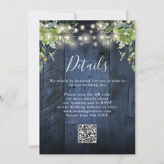 Blauw Hout String Lichten Groen QR Code Huwelijk Kaart (Achterkant)