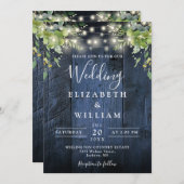 Blauw Hout String Lichten Groen QR Code Huwelijk Kaart (Voorkant / Achterkant)