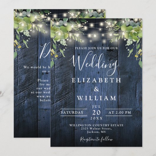 Blauw Hout String Lichten Groen QR Code Huwelijk Kaart (Voorkant / Achterkant)