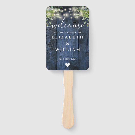 Blauw Hout String Lichten Groen Trouwprogramma Handwaaier (Voorkant)