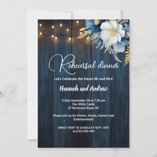 Blauw Hout String Lichten 'Repetitie Diner' Trouwe Kaart (Voorkant)