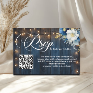 Blauw Hout String Lights QR Code Wedding RSVP Kaartje