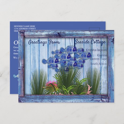  blauw hout, vis, roze koraal briefkaart (Voorkant / Achterkant)