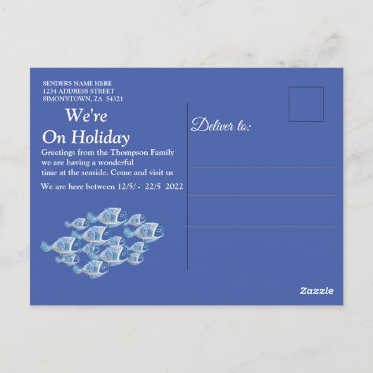  blauw hout, vis, roze koraal briefkaart (Achterkant)