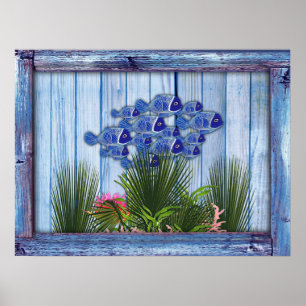 blauw hout, vis, roze koraal poster