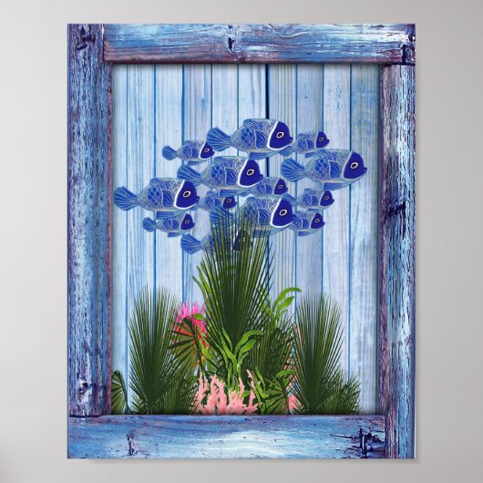 blauw hout, vis, roze koraal poster (Voorkant)