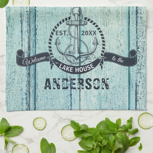 Blauw hout Welkom in het meer Theedoek (Gevouwen)