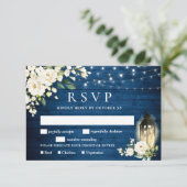 Blauw hout witte rozen RSVP-kaart met maaltijdkeuz RSVP Kaartje (Staand voorkant)
