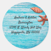 Blauw hout Zeesterren schelpen retouradres Ronde Sticker (Voorkant)