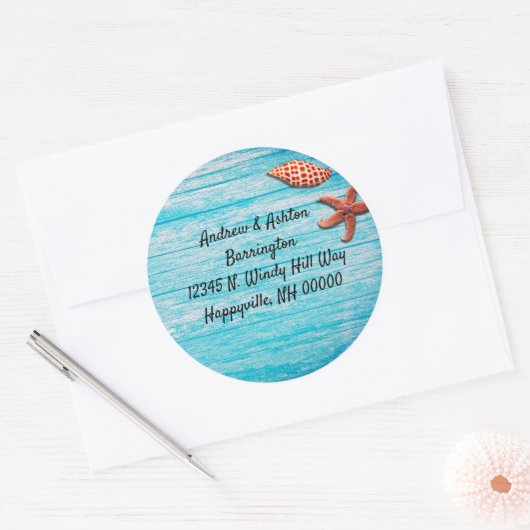Blauw hout Zeesterren schelpen retouradres Ronde Sticker (Envelop)