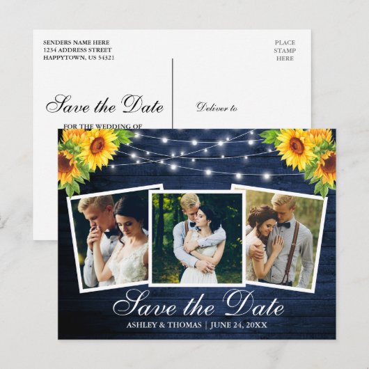 Blauw Hout Zonnebloem Floral 3 Foto Bewaar de datu Uitnodiging Briefkaart (Voorkant / Achterkant)
