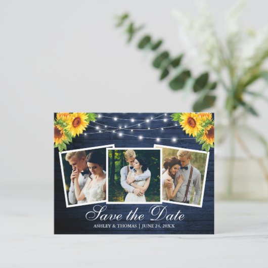 Blauw Hout Zonnebloem Floral 3 Foto Bewaar de datu Uitnodiging Briefkaart (Staand voorkant)