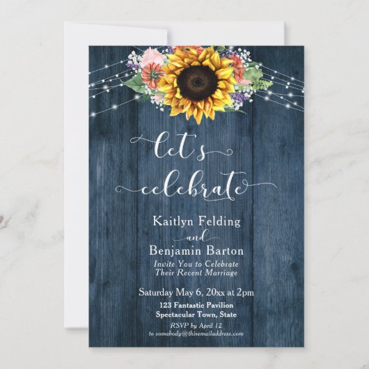 Blauw hout zonnebloemlampjes Laten we vieren Kaart (Voorkant)