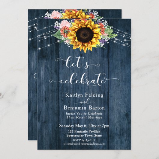 Blauw hout zonnebloemlampjes Laten we vieren Kaart (Voorkant / Achterkant)