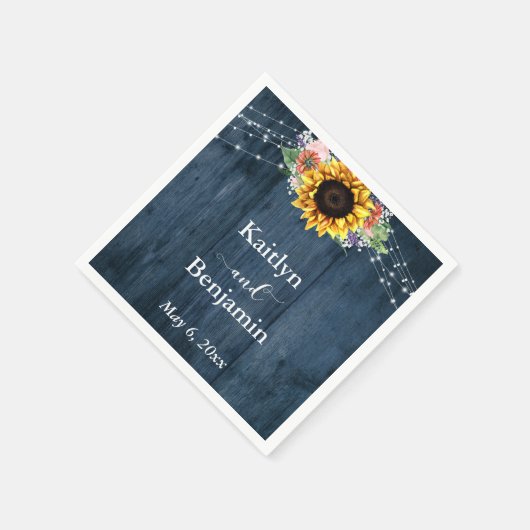 Blauw hout Zonnebloemlampjes Namen & Datum Servet (Hoek)