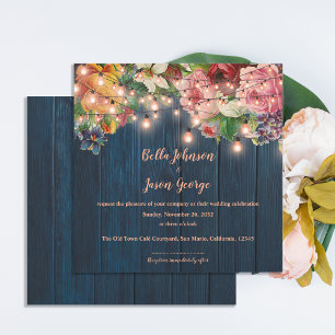 Blauw Houten Bloemenslingers Bruiloft Uitnodiging