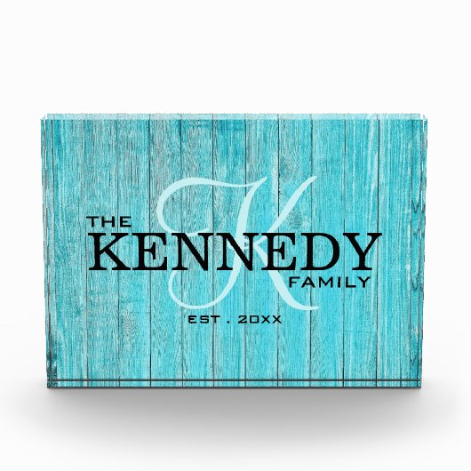 Blauw Houten Familie Monogram Achternaam Typografi Fotoblokken (Voorkant)