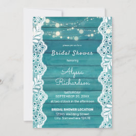 Blauw Houten Kant & Slingerlichten Bruidsfeest Kaart