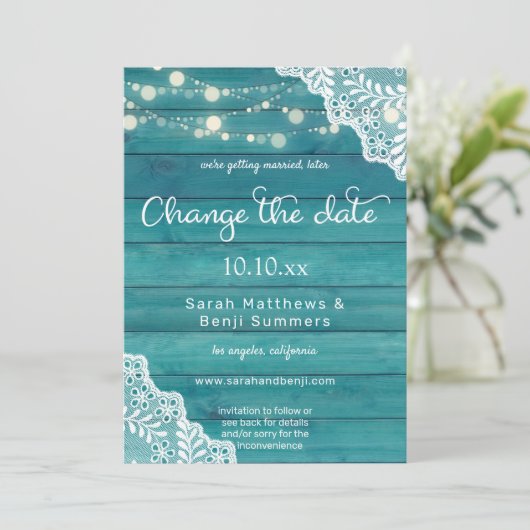 Blauw houten kant & slingerlichten Wijzig de datum Kaart (Staand voorkant)