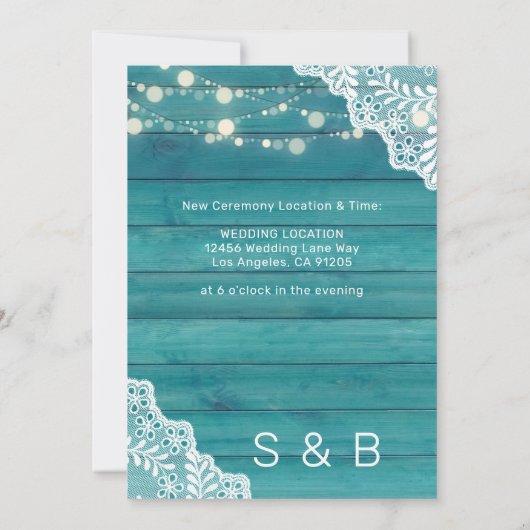 Blauw houten kant & slingerlichten Wijzig de datum Kaart (Achterkant)