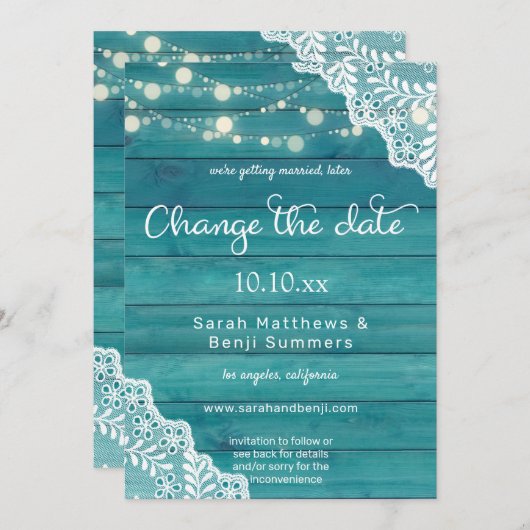 Blauw houten kant & slingerlichten Wijzig de datum Kaart (Voorkant / Achterkant)