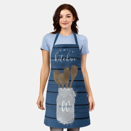 Blauw houten keukenlepel Familie Keuken  Schort (Gedragen)