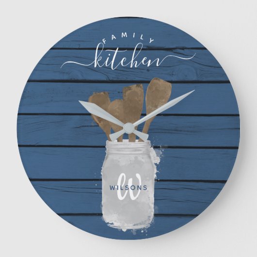 Blauw houten keukenlepel in pot - familiedecoratie grote klok (Voorkant)