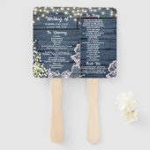 Blauw Houten Koordlichten & Kant Trouwprogramma Handwaaier (Voorkant en achterkant)