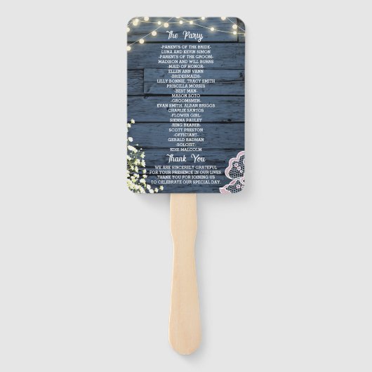 Blauw Houten Koordlichten & Kant Trouwprogramma Handwaaier (Achterkant)