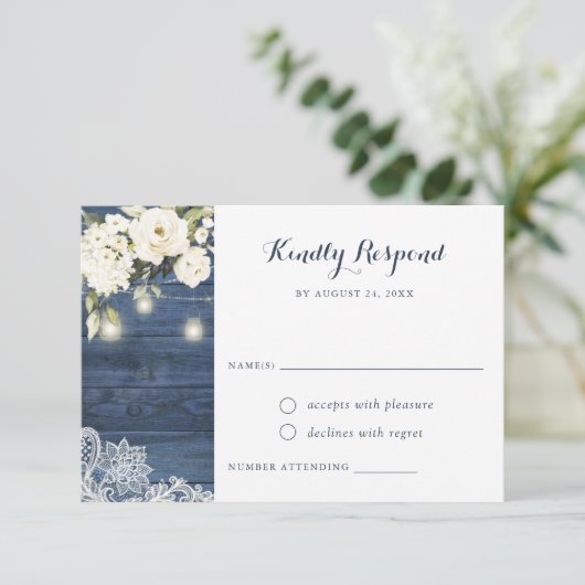 Blauw Houten Landelijke Witte Bloemen Mason Jar RS Kaart (Staand voorkant)