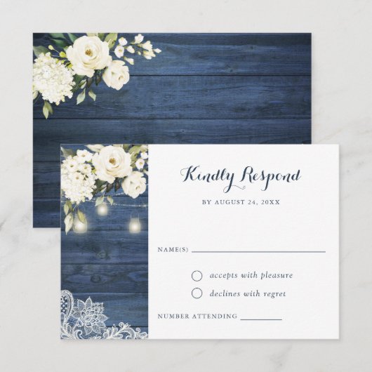 Blauw Houten Landelijke Witte Bloemen Mason Jar RS Kaart (Voorkant / Achterkant)