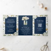 Blauw Houten Madeliefjes Mason Jar QR Code Trouwen Drieluik Uitnodiging (Binnen)