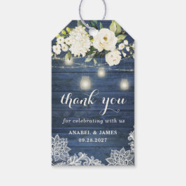 Blauw houten met witte bloemen in een weckpot met  cadeaulabel