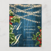 Blauw Houten Monogram Kerstmishuwelijk sparen de d Aankondigingskaart (Voorkant)