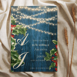 Blauw Houten Monogram Kerstmishuwelijk sparen de d Aankondigingskaart