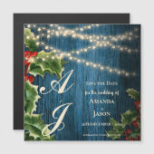 Blauw Houten Monogram Kerstmishuwelijk sparen de d Magnetische Uitnodiging (Voorkant / Achterkant)