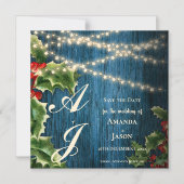 Blauw Houten Monogram Kerstmishuwelijk sparen de d Magnetische Uitnodiging (Voorkant)